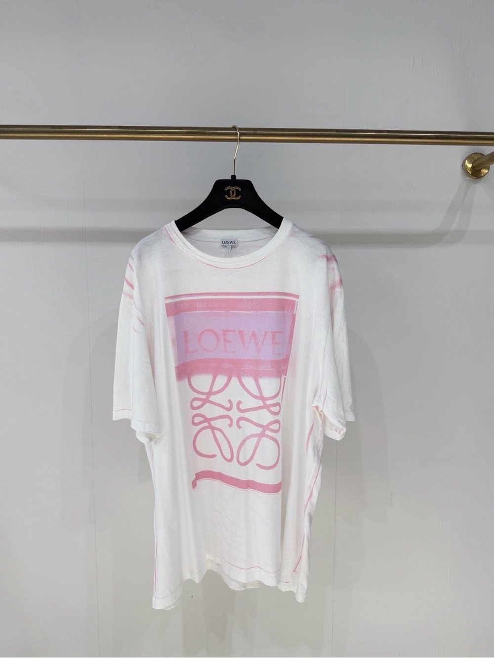 Loewe White Tee with Pink Logo Panel